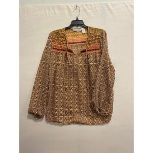 New Direction Women's Boho Print Long Sleeve Tunic Top Blouse Orange Brown L